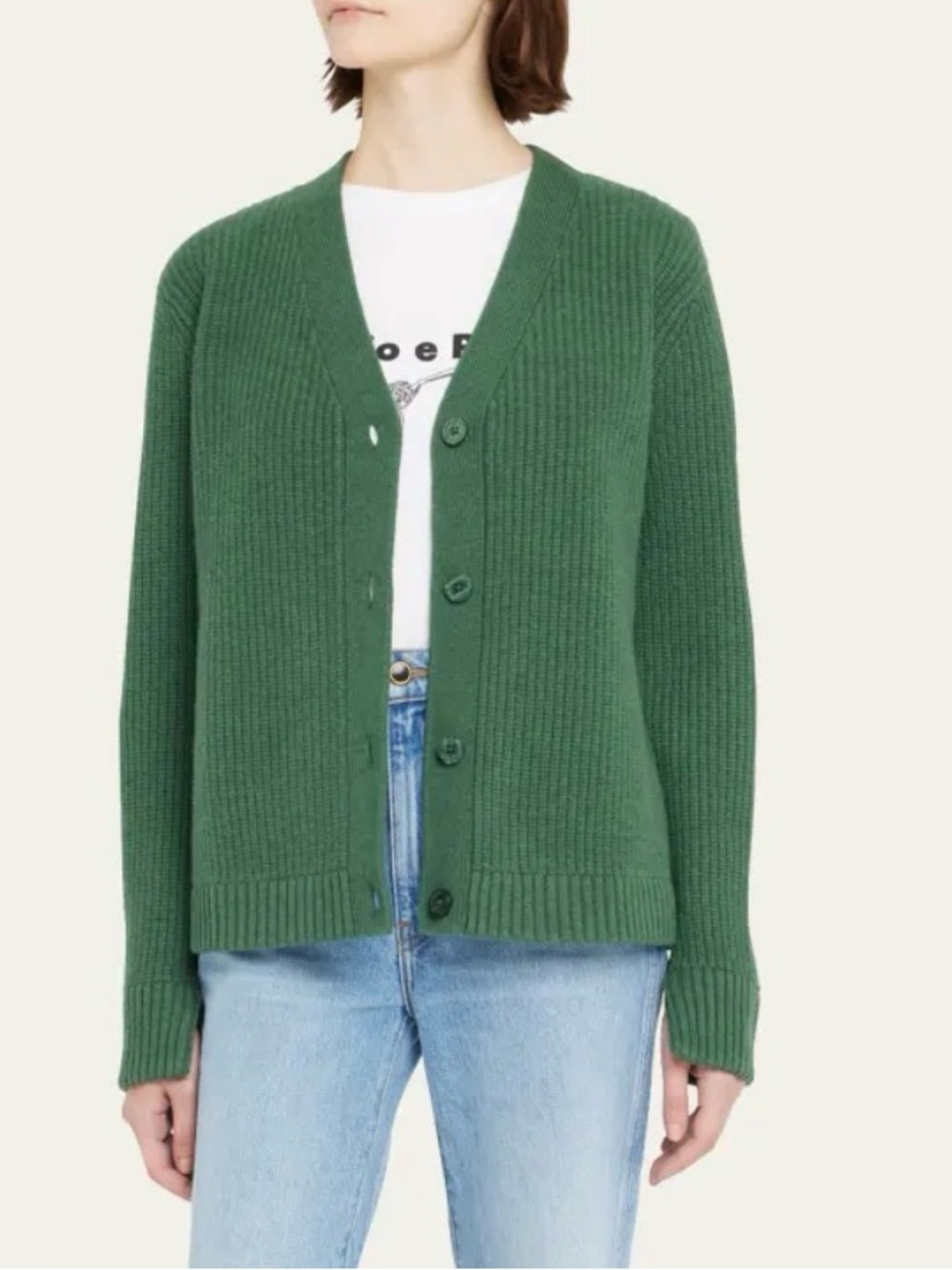 KULE forest Green Russell wool cashmere Ribbed V-Neck Button Cardigan